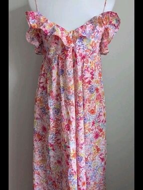 H&M Pink Multi Floral Ruffle-Trim Spaghetti Strap Sun Dress Romantic Cottage S